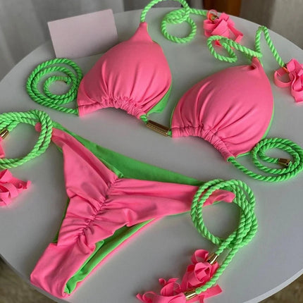 Costume da bagno sexy da donna in tinta unita, due pezzi, triangolare, con corda intrecciata, set bikini, costume da bagno da spiaggia, Biquinis brasiliani platinumshop