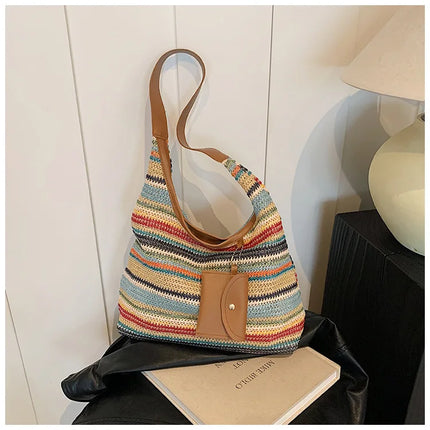Hand-Woven Large Capacity Tote Bag for Women, Fashionable Commuter Bag, INS Style, Beach Bag for Daily Travel