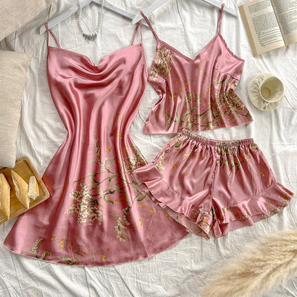 Pigiama da donna con stampa ciliegia Abito allacciato alla moda sexy Set pigiama da donna in 3 pezzi