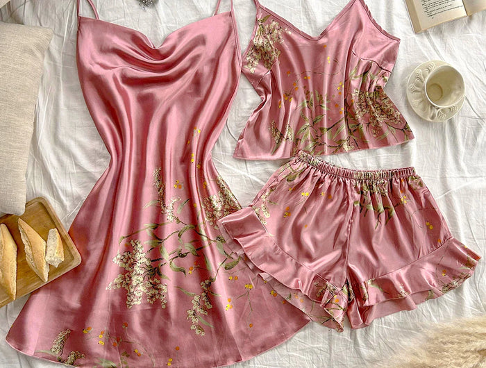 Pigiama da donna con stampa ciliegia Abito allacciato alla moda sexy Set pigiama da donna in 3 pezzi