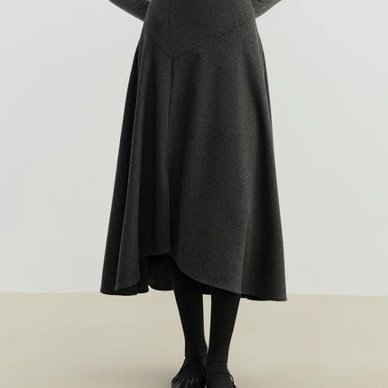 ZIQIAO 2025 Winter Women's High Waist A-Line Midi Skirt Asymmetrical Seam Design - Unique Cutout Detail for Casual Office Wear PlatiNum