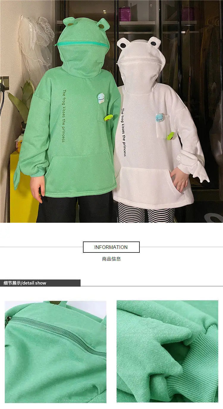 Y2K Autumn Winter Unisex Cartoon Frog Fleece Hoodies Loverly Zipper Loose Warm Sweatshirt Full Sleeve Harajuku Hooded Jackets