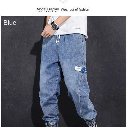 Loose Elastic Waist Denim Jeans for Men 2024 Fashion Casual Spring Workwear Foot-Tied Pants with Brand Workwear Baggy Trousers PlatiNum