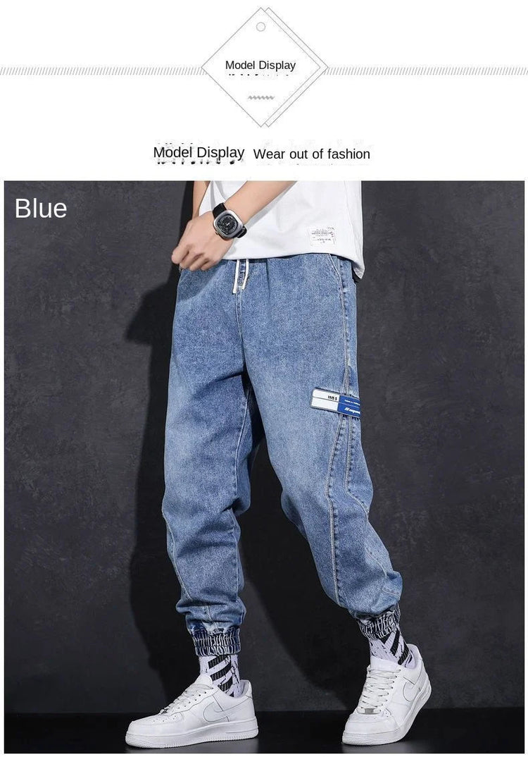 Loose Elastic Waist Denim Jeans for Men 2024 Fashion Casual Spring Workwear Foot-Tied Pants with Brand Workwear Baggy Trousers PlatiNum
