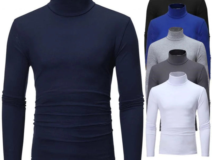 Men's High Neck T-shirts Fashion Solid Slim Long Sleeve T-shirt Male Long Sleeve Basic Bottoming Shirt Fashion Slim-Fit Tops PlatiNum