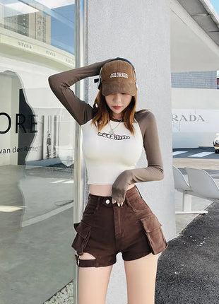 Pantaloncini cargo a vita alta Pantaloncini jeans con tasche chic kaki Abiti estivi per ragazza sexy per donna