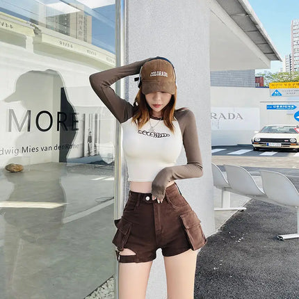 High Waisted Cargo Shorts Chic Khaki Denim Shorts with Pockets Sexy Girl Summer Outfits for Women