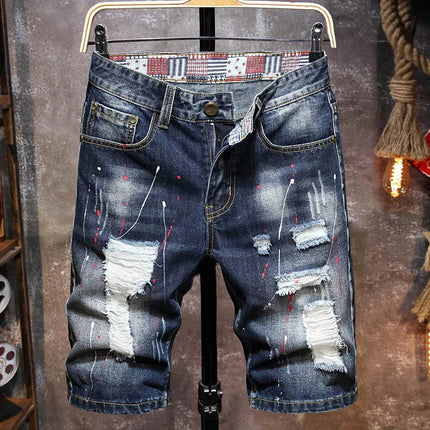 Men Ripped Short Jeans Summer Cotton Knee Length Shorts Breathable Vintage Denim Pants Painted Graffiti Streetwear Cargo Jeans PlatiNum