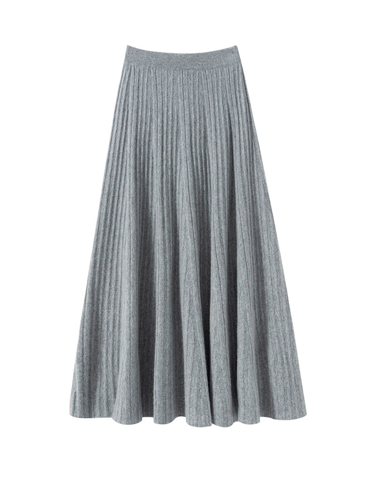 TLOML Luxury Women's 100% Cashmere Skirt Pleated Mid-Calf Skirt Autumn Winter Office Lady Grace Style Skirt Cashmere Knitwear PlatiNum