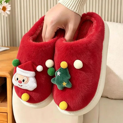 Christmas Plush Home Slippers Women Cute Cartoon Soft Sole Platform Cotton Slippers Couples Non Slip Warm Indoor Fur Slides