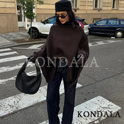 KONDALA Stand-up Collar Knitted Cape Coat High Street Casual Loose Cape 2025 Fall Winter Fashion Elegant Streetwear Lady Cape