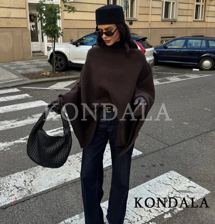 KONDALA Stand-up Collar Knitted Cape Coat High Street Casual Loose Cape 2025 Fall Winter Fashion Elegant Streetwear Lady Cape