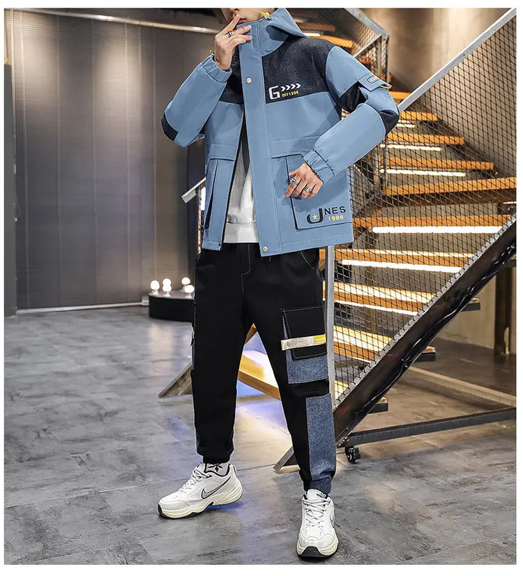 Men's Casual Sports Sets Spring Autumn Tracksuit Jogging Set Patchwork flight Hooded jacket pants two Piece