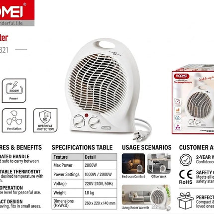 2000W Fan Heater Portable Electric Space Heater with Thermostat, Tabletop Electric Heater for Home and Office, Overheat Protection