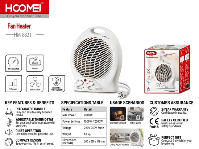 2000W Fan Heater Portable Electric Space Heater with Thermostat, Tabletop Electric Heater for Home and Office, Overheat Protection