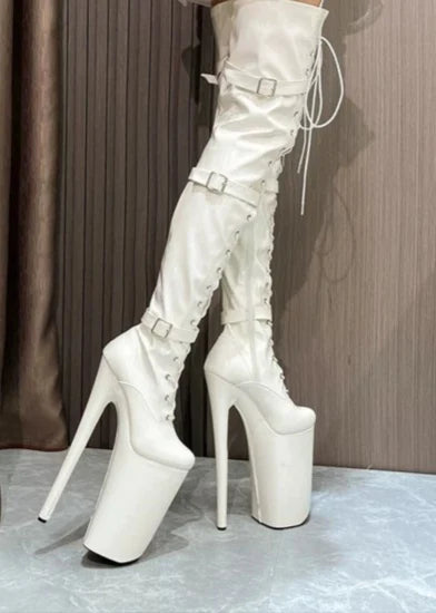 CACA 26cm Extreme High Heels Women Thigh High Boots,Fetish Platform Booties,Buckles Botas,Men Cosplay Shoes,Black,Red,Dropship