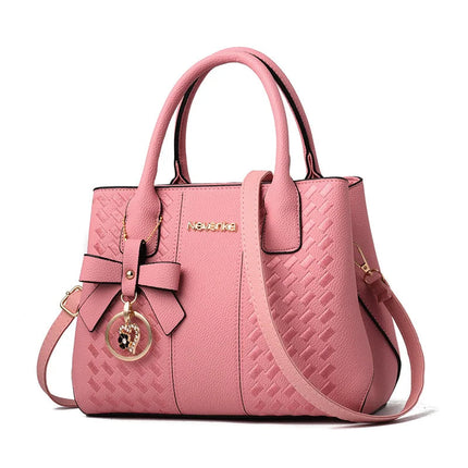 Bow Metal Pendant Top Handle Satchel Crossbody Bag, PU Leather Textured Bag Purse, Classic Versatile Fashion Shoulder Bag PlatiNum