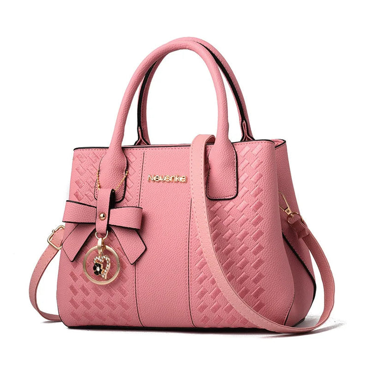 Bow Metal Pendant Top Handle Satchel Crossbody Bag, PU Leather Textured Bag Purse, Classic Versatile Fashion Shoulder Bag PlatiNum