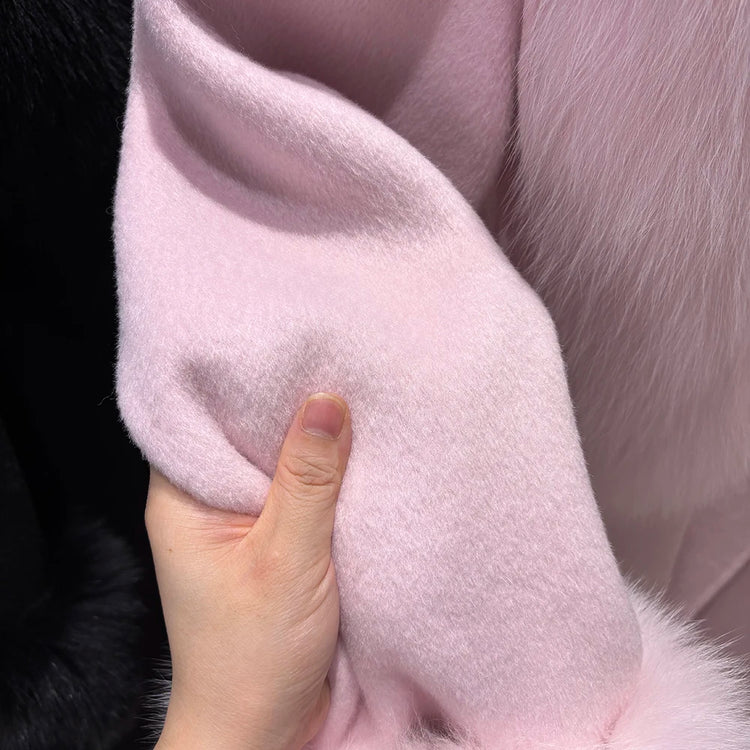 YOLOAgain Women's 100% Wool Coat Long With Detachable Real Fox Fur Collar 2025 Autumn Elegant Double-Sided Wool Coat