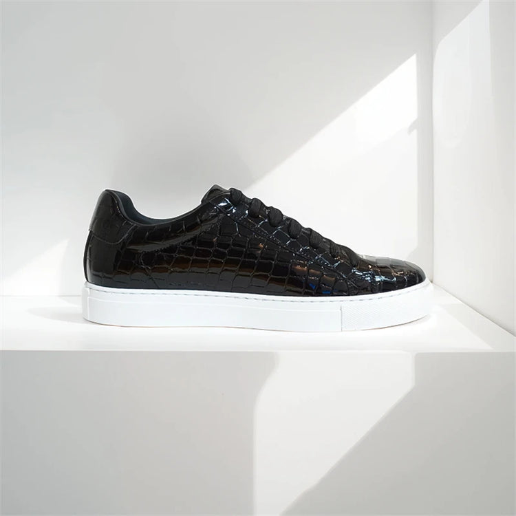 Leather Sneakers Men Calfskin Stone Pattern Casual Shoes Lace Up Flats Daily Footwear