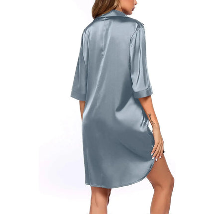 Camicia da Notte Elegante in Raso per Donna, Abito con Bottoni e Colletto, Tessuto Traspirante, Texture Liscia e Affascinante