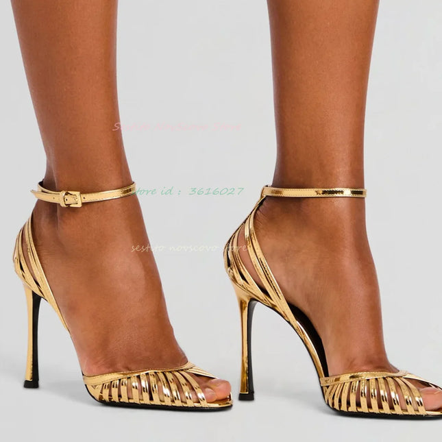 Peep toe sandals Cage shape Metallic leather upper ankle straps Buckle sandals Stiletto high heels Cut-outs Single strap shoes