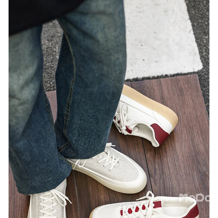 Men's Linen Canvas Platform Sneakers, Breathable Low‑Top Casual Skate Shoes, Retro Contrast Tan Trim Design, Soft Cushioned Thic