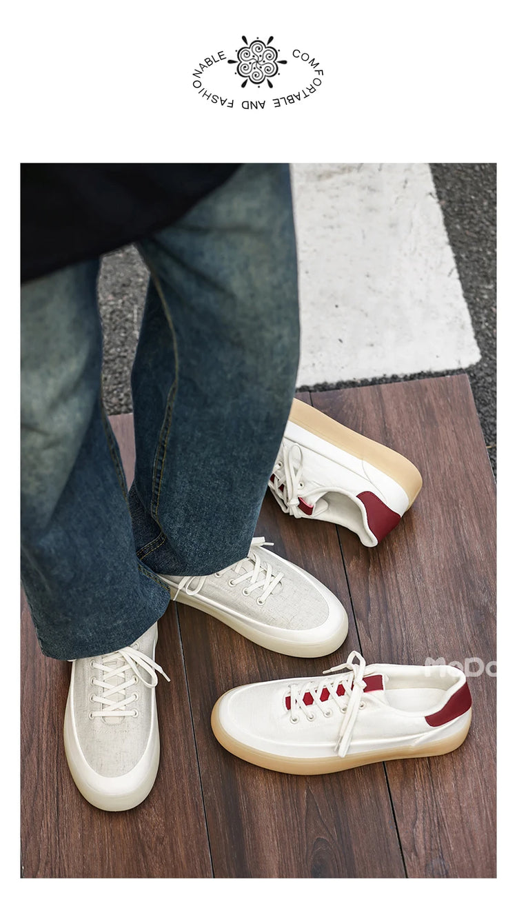 Men's Linen Canvas Platform Sneakers, Breathable Low‑Top Casual Skate Shoes, Retro Contrast Tan Trim Design, Soft Cushioned Thic