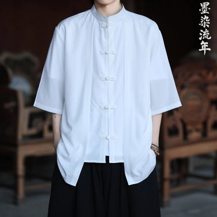 Camicia cinese da uomo in seta di ghiaccio stile cinese comoda camicia retrò traspirante da uomo casual estiva vestibilità ampia moda tinta unita