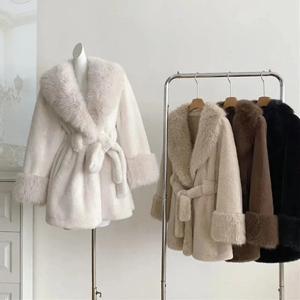 Winter Luxury Women Faux Furs Jackets Coats With Belt Elegant Waist Hugging Slimming Fur Big Collar Thickened Warm Outerwear