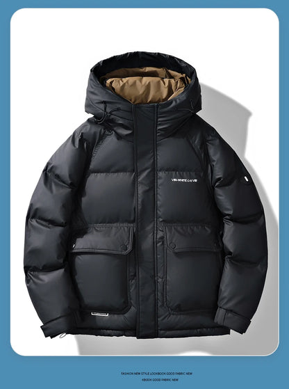 2024 Piumino corto con cappuccio, piumino da uomo in tinta unita, caldo cappotto casual in piuma d'anatra bianca