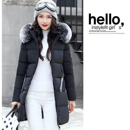 Women Winter Fur Collar Hooded Parka Coats Fashion Letter Patch Zipper Long Jacket Elegant Slim Warm Thick Female Snow Outerwear
