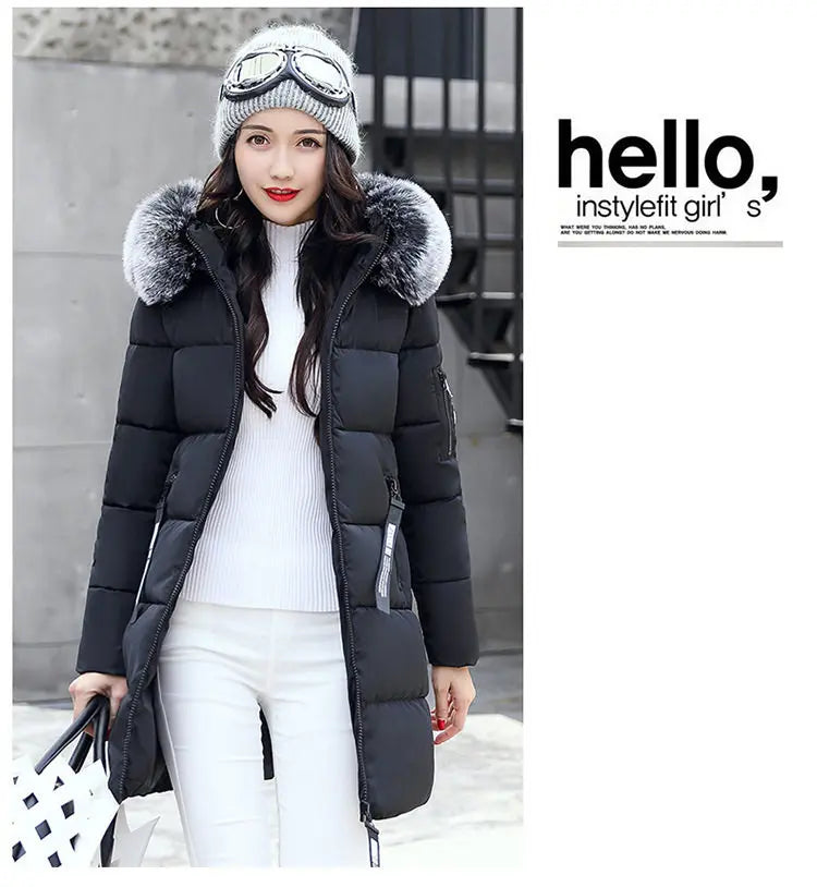 Women Winter Fur Collar Hooded Parka Coats Fashion Letter Patch Zipper Long Jacket Elegant Slim Warm Thick Female Snow Outerwear