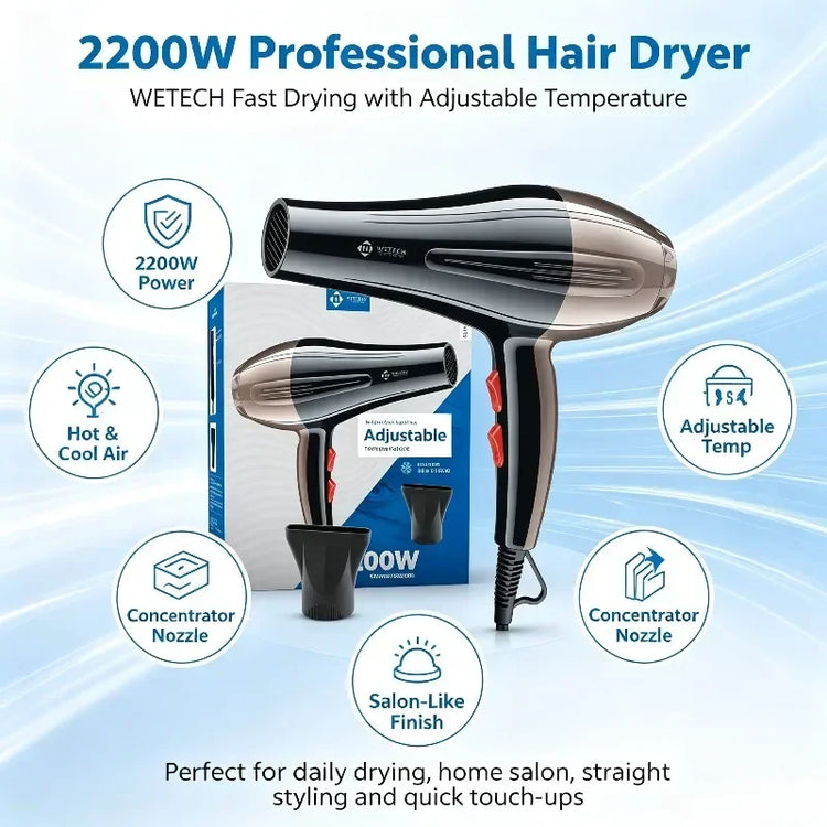 2200W Professional Hair Dryer AC100-240V Adjustable Temperature Speed Cold Shot Blow Dryer With Concentrator Nozzle Salon Home Travel Hair Styling Tool