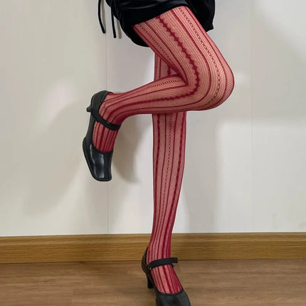 Women's Sexy Lace Fishnet Stockings Lolita Style Hollow Out Design Red Silk Socks JK High Waist Striped Tights Christmas Gifts