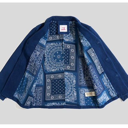 Men's Indigo Cargo Jacket Height Weight Cotton Lapel Multi-pocket Jacket Male French Vintage Thick Workwear Tooling Jacket Coat