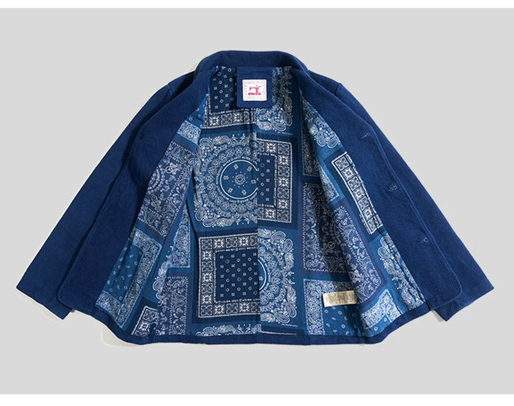 Men's Indigo Cargo Jacket Height Weight Cotton Lapel Multi-pocket Jacket Male French Vintage Thick Workwear Tooling Jacket Coat