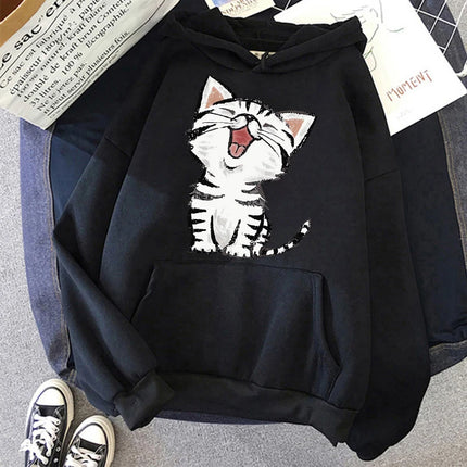 Aesthetic Y2k 90s Hoodies Funny Cute Cat Sweatshirt for Women Harajuku Graphic Pullovers 2000s Ulzzang Gothic Streetwear Female