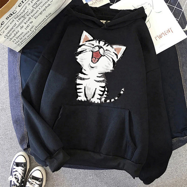Funny Cute Cat Sweatshirt for Women Aesthetic Y2k 90s Hoodies Harajuku Graphic Pullovers 2000s Ulzzang Gothic Streetwear Female