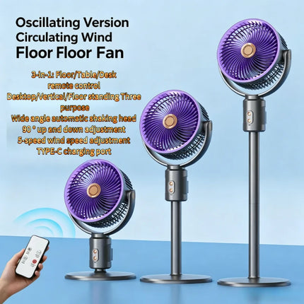 Ventilatore Turbo 3-in-1 per Circolazione d'Aria Domestica, Ventilatore da Terra e da Tavolo Retrattile con Telecomando, Ventilatore Portatile per Ufficio e Camera da Letto