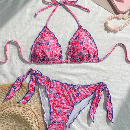 Nuovo Set Bikini Donna Estivo con Stampa Floreale Arancione, Halter con Volant, Push-Up e Perizoma con Laccetti Laterali PlatiNum