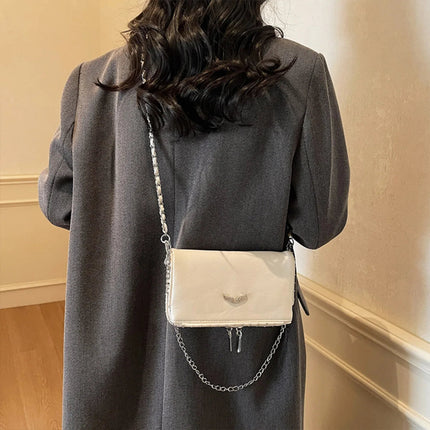 Luxury Crossbody Bag Solid Color PU Wing Logo Design Lightweight Magnetic Adjustable Chain Strap Handbag for Travel Commute PlatiNum