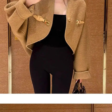 High-end Brown Short Woolen Coat for Women 2026 Autumn New Loose Silhouette Cloak Woolen Coat