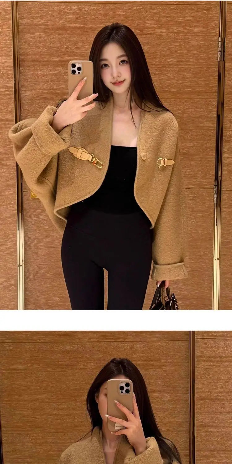 High-end Brown Short Woolen Coat for Women 2026 Autumn New Loose Silhouette Cloak Woolen Coat