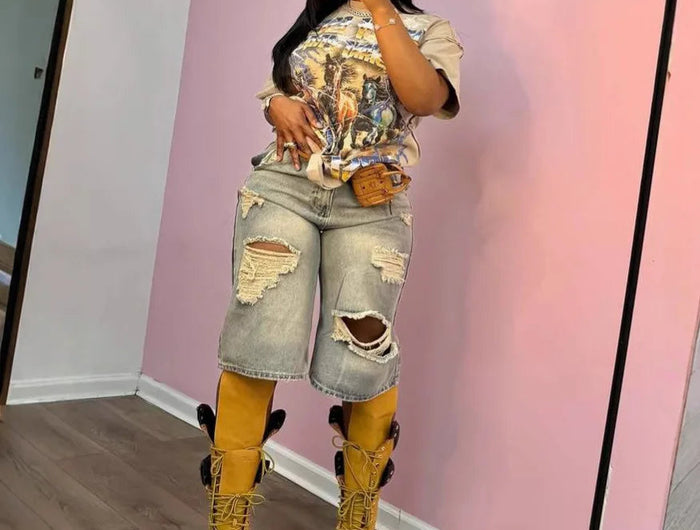 Europe America Summer New High-waisted Loose, Vintage, Ripped Denim Mid-length Straight-leg Wide-leg Pants. Casual Denim Shorts PlatiNum