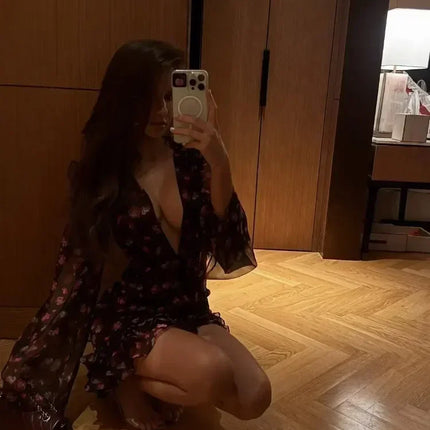 Elegant Mini Dress with Ruffles and Floral Patterns, Chic with Long Sleeves, Deep V-Neck, Slim Fit, A-Line, Short, 2026 Collection, Holiday and Street Dress for Women