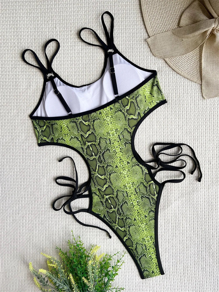 Green Snake Bikini Extreme String Monokini Costume da bagno con taglio a gamba alta Donna Beach Outfit Costumi da bagno per le vacanze Costume da bagno Bikini Set PlatiNum