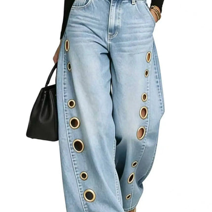 Jeans da Donna a Gamba Larga, Vita Media, con Dettagli Traforati, Effetto Vintage, Stile High Street, Eleganti, da Lavoro, Casual, Pantaloni Dritti