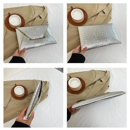 Fashion Crocodile Pattern Envelope Clutch Women's Handbags For Gifts, Designer Casual Ladies Purses Phone Pocket PlatiNum