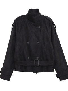 Elegant Suede Women Jacket Turn Down Collar Double Breasted Belt Waist Slim Jackets 2026 Autumn Winter Female Fashion Tops